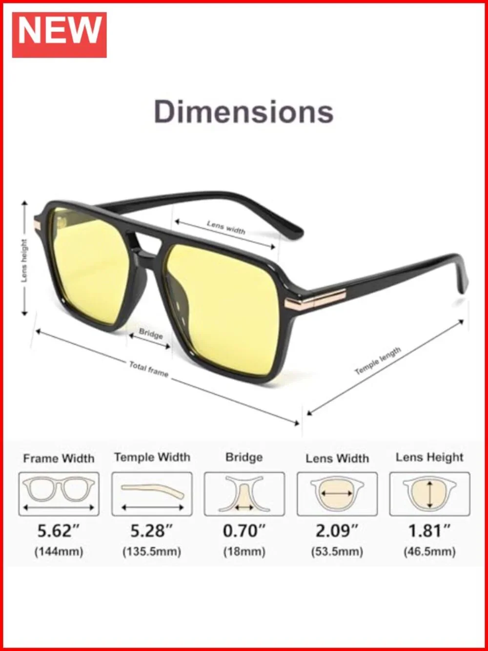 Oversized Square Aviator Sunglasses Flat Top Shades Night Vision